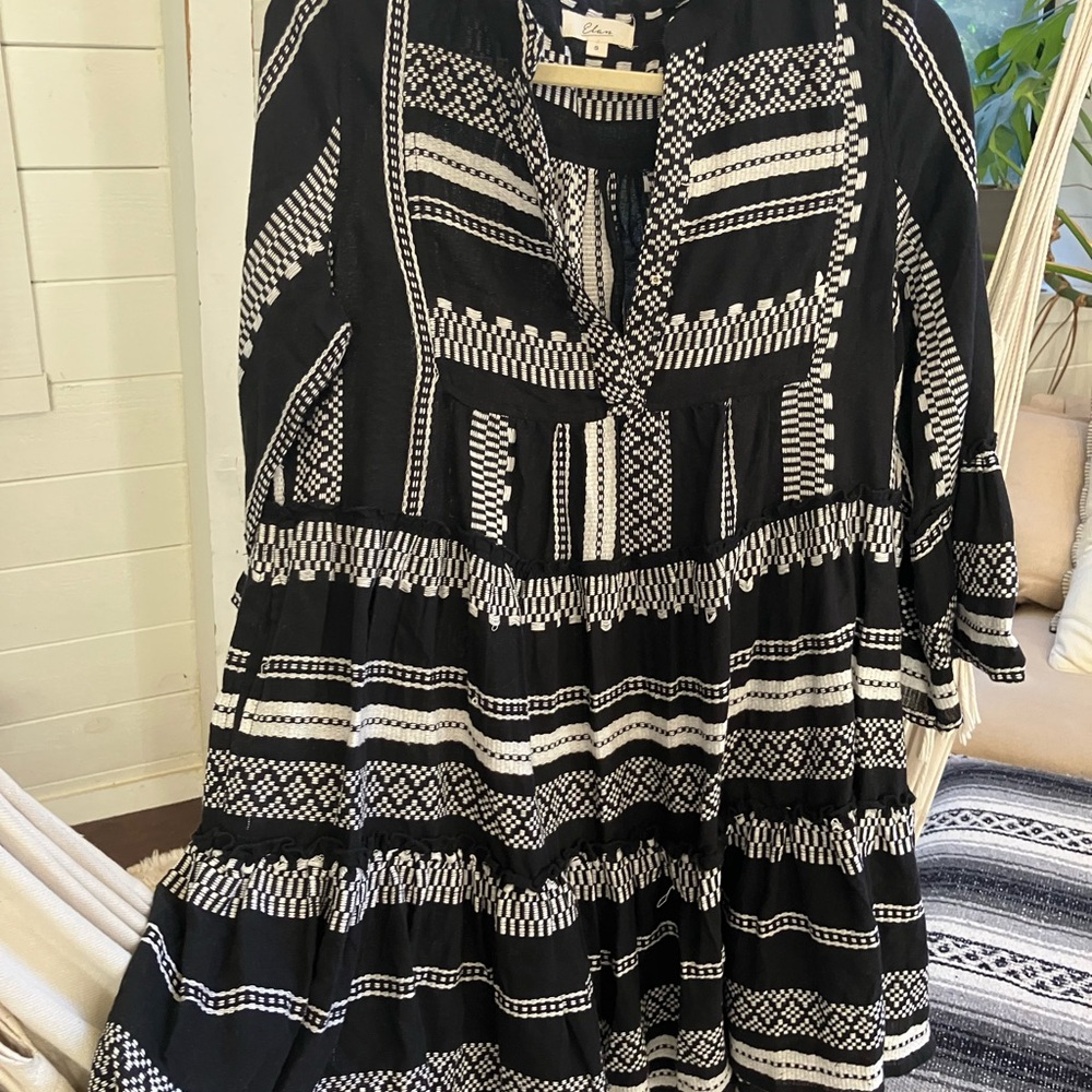 Elan Black and White Bell Sleeve Mini Dress/Tunic - All Cotton